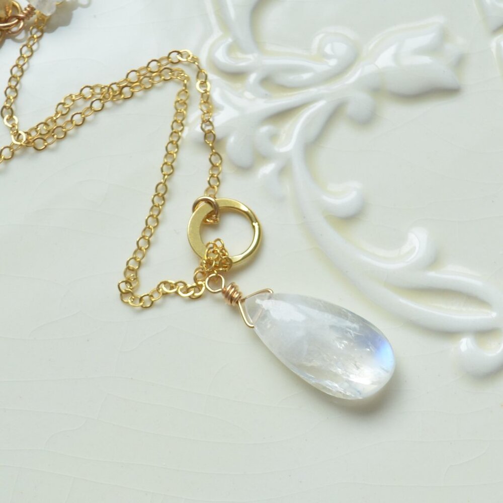 Moonstone Lariat Necklace in Gold - Handmade